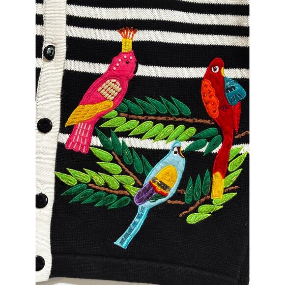 Terrazzo beaded embroidery parrot Bird Short Sleeve Button Sweater top Womens XL - Picture 3 of 11
